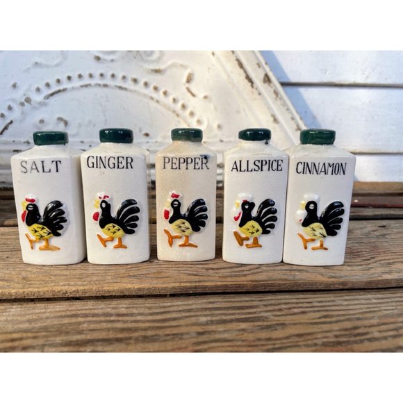 Vintage Spice Rack With Spice Jars Rooster Chicken Farmhouse - Picture 2 of 16